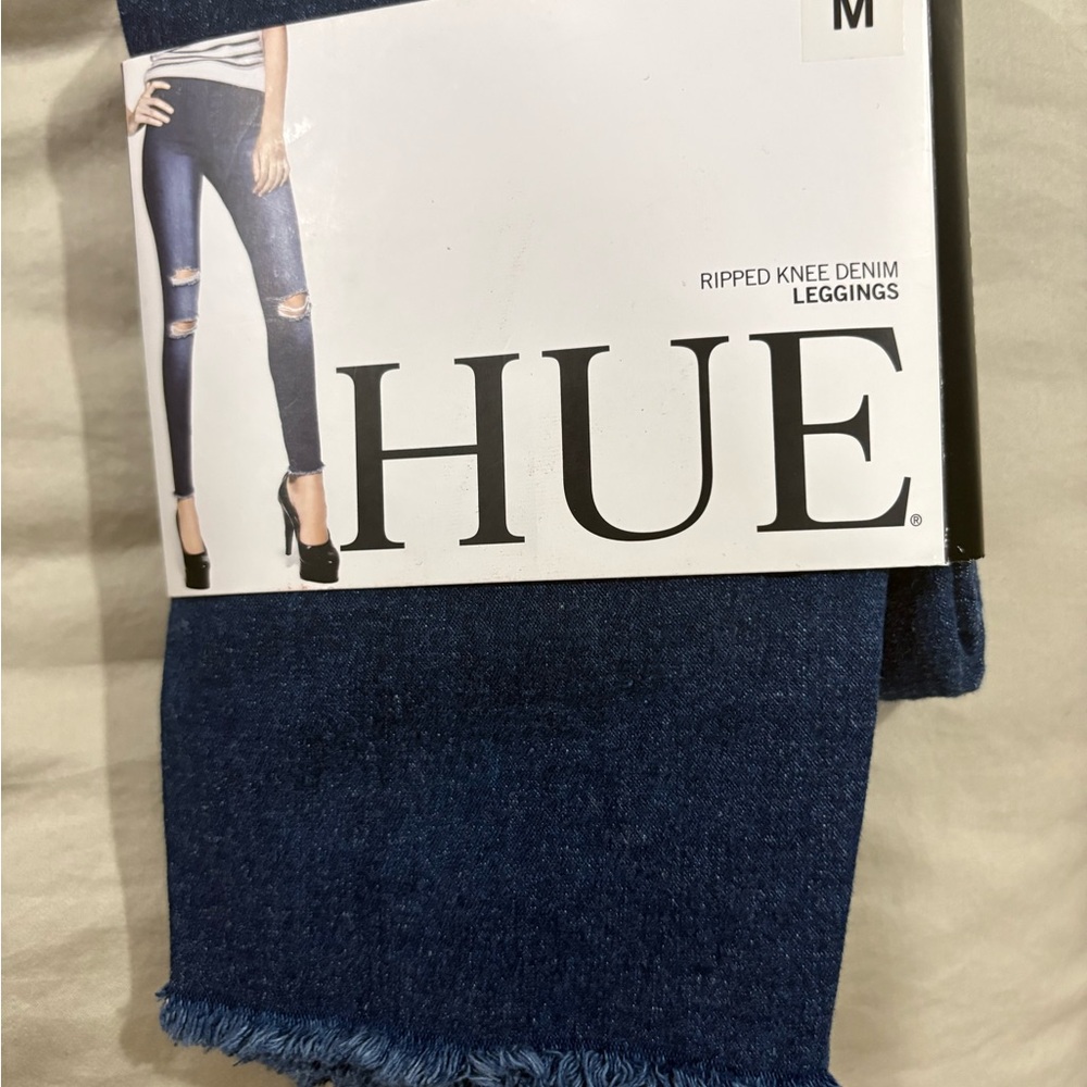 HUE Women's Dark Blue Ripped Knee Jeggings